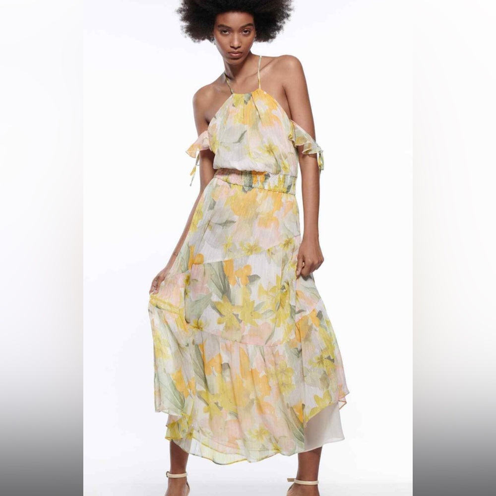 ZARA NEW METALLIC THREAD FLORAL PRINT DRESS MULTICOLORED